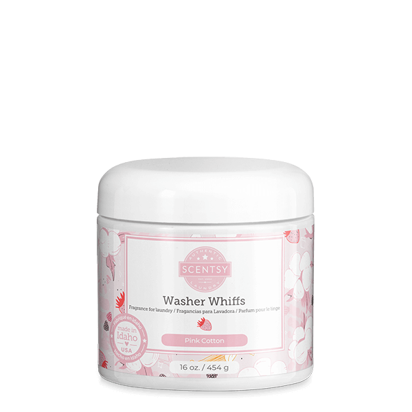 Scentsy Washer Whiffs container with pink label on a white background
