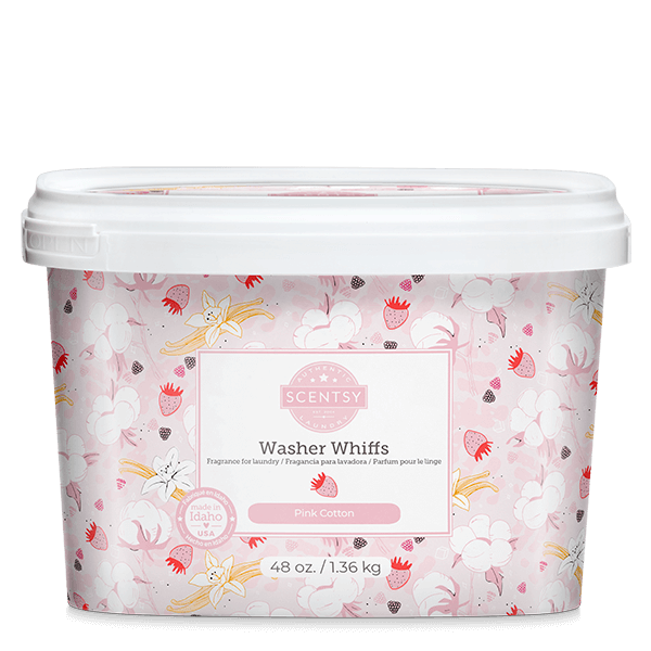 Pink patterned container of Scentsy Washer Whiffs with a white lid on a white background