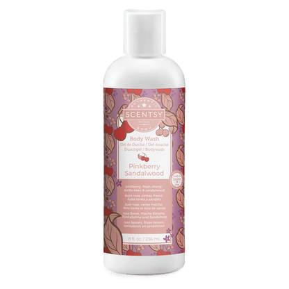 Scentsy Pinkberry Sandalwood body wash bottle on a white background