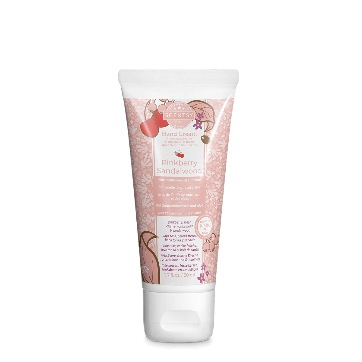 Hand cream tube with pink label on a white background