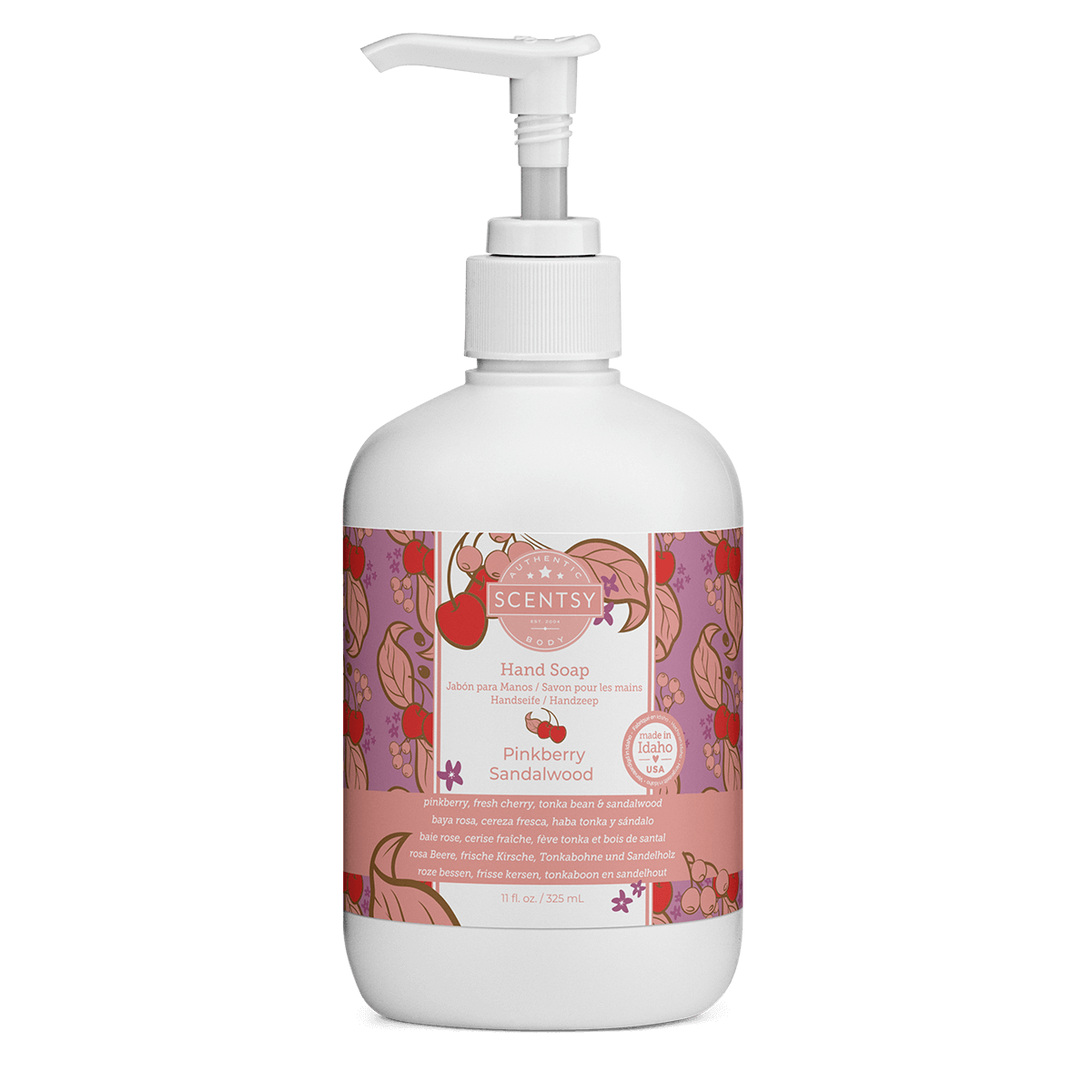 White bottle of Scentsy Raspberry Sandalwood hand soap on a white background