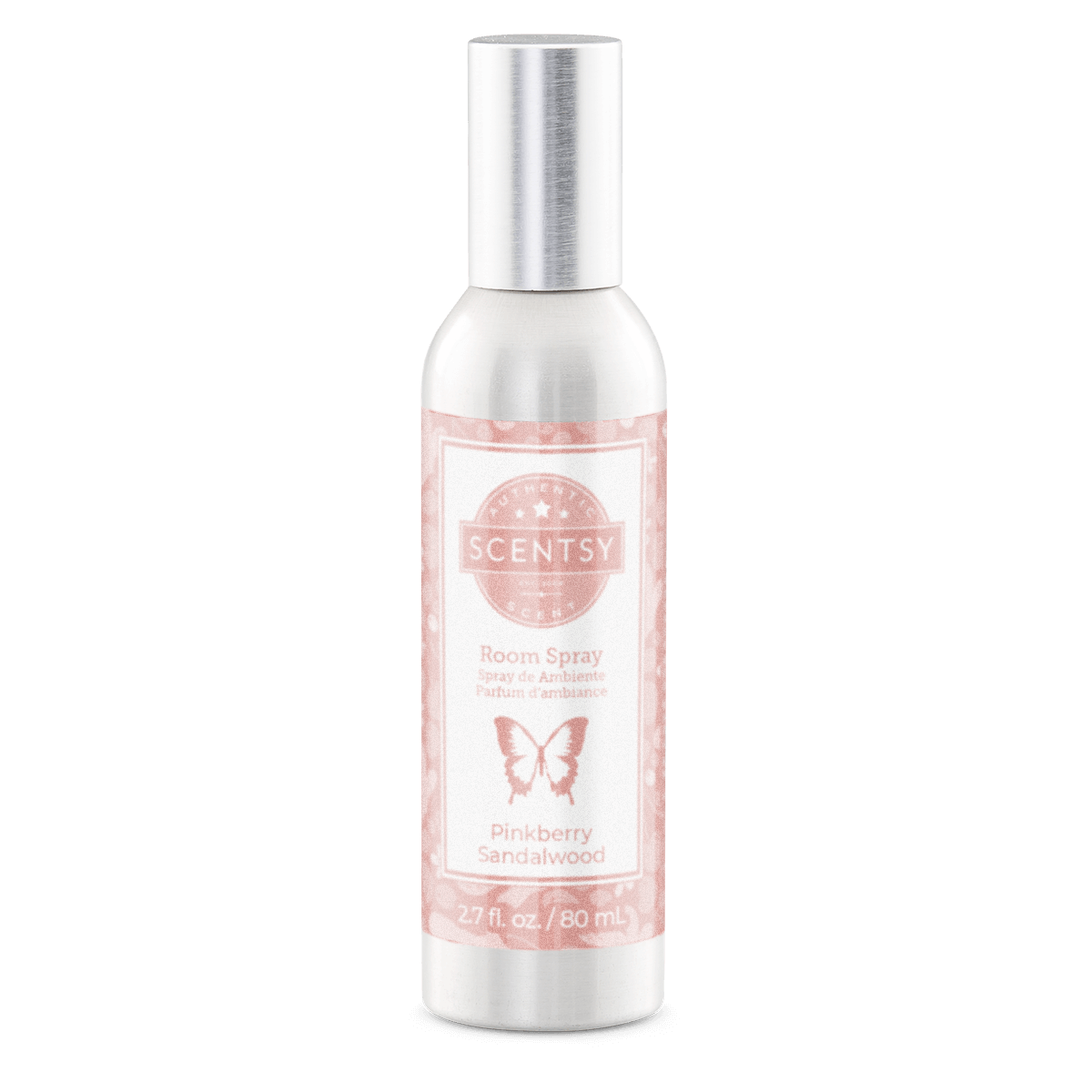Scentsy room spray bottle with pink label on a white background