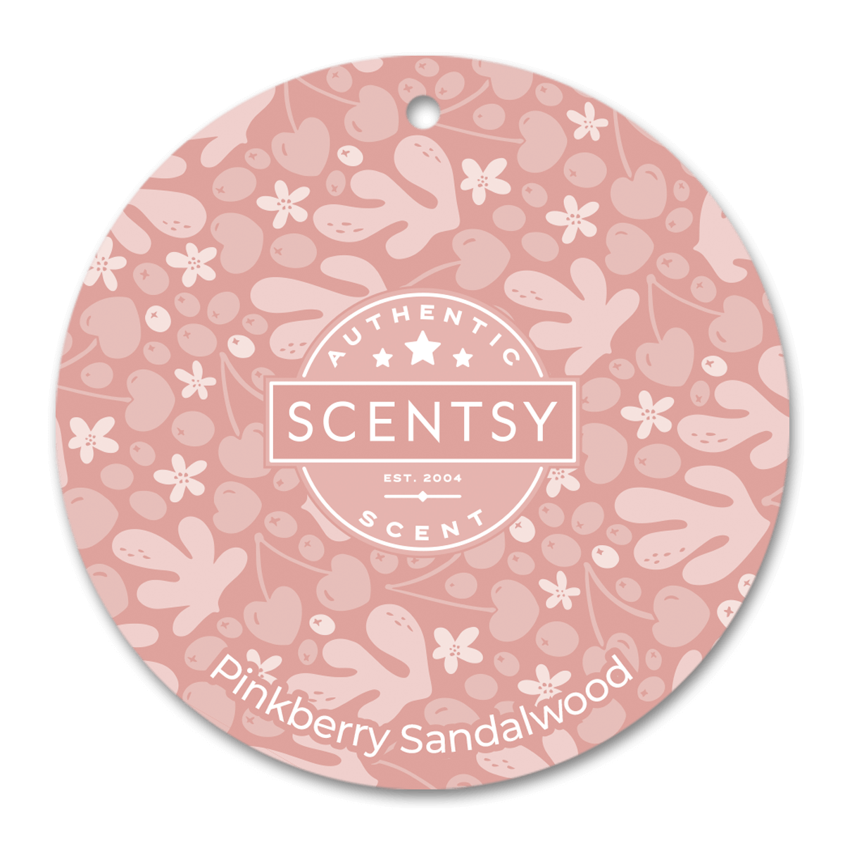 Scentsy Pinkberry Sandalwood scent disc with floral pattern on a pink background