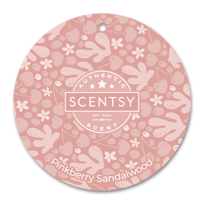 Scentsy Pinkberry Sandalwood scent disc with floral pattern on a pink background
