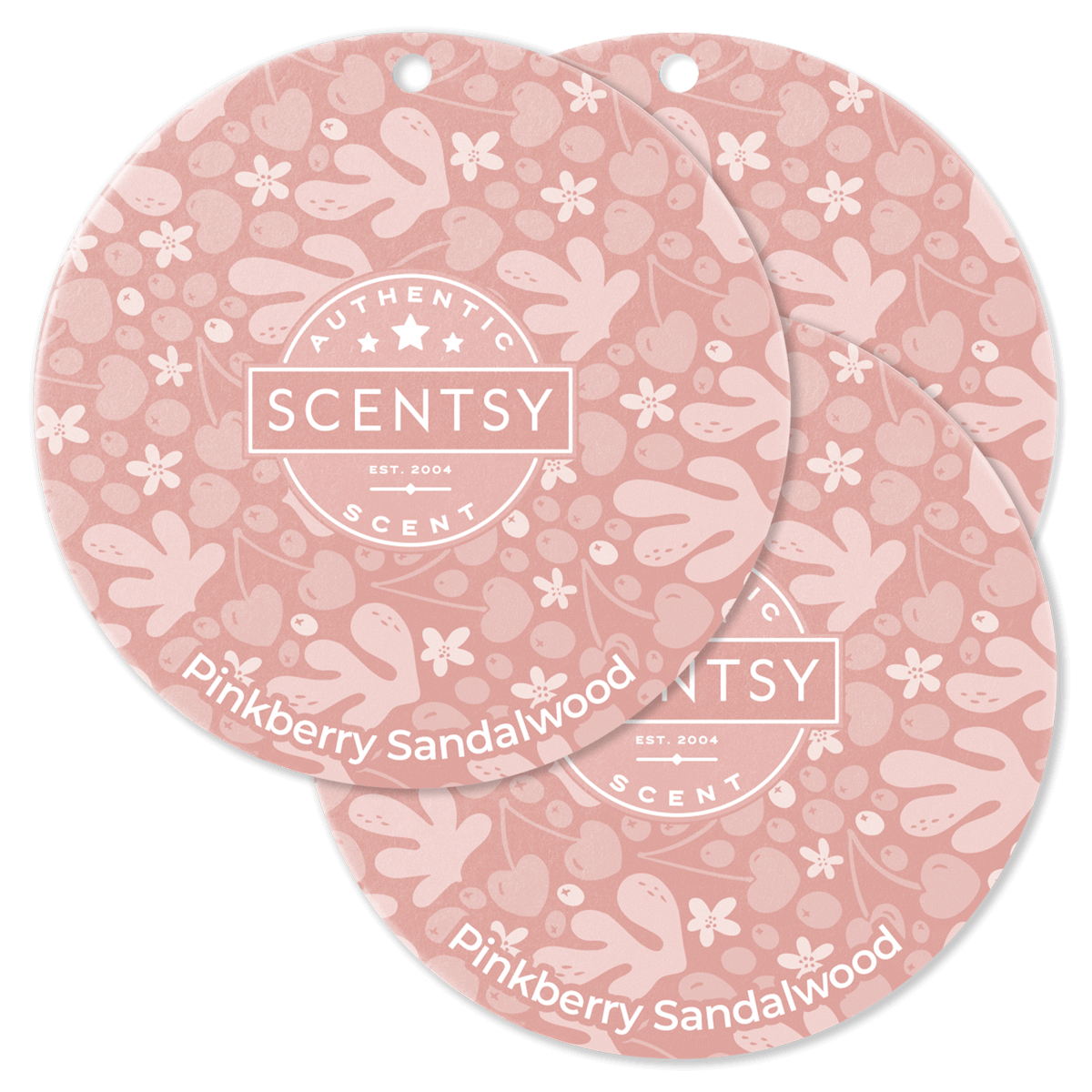 Two Scentsy Pinkberry Sandalwood scented wax discs on a black background