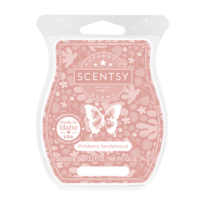 Scentsy Pinkberry Sandalwood wax bar packaging on a black background
