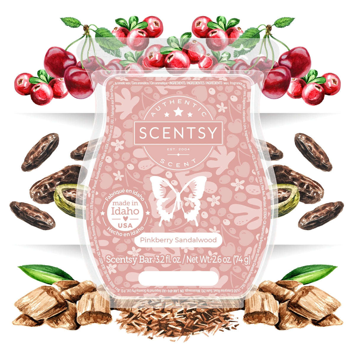 Scentsy Pinkberry Sandalwood scent bar with pink berries, sandalwood pieces, and green leaves on a white background.