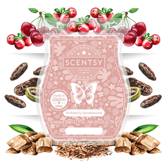 Scentsy Pinkberry Sandalwood scent bar with pink berries, sandalwood pieces, and green leaves on a white background.