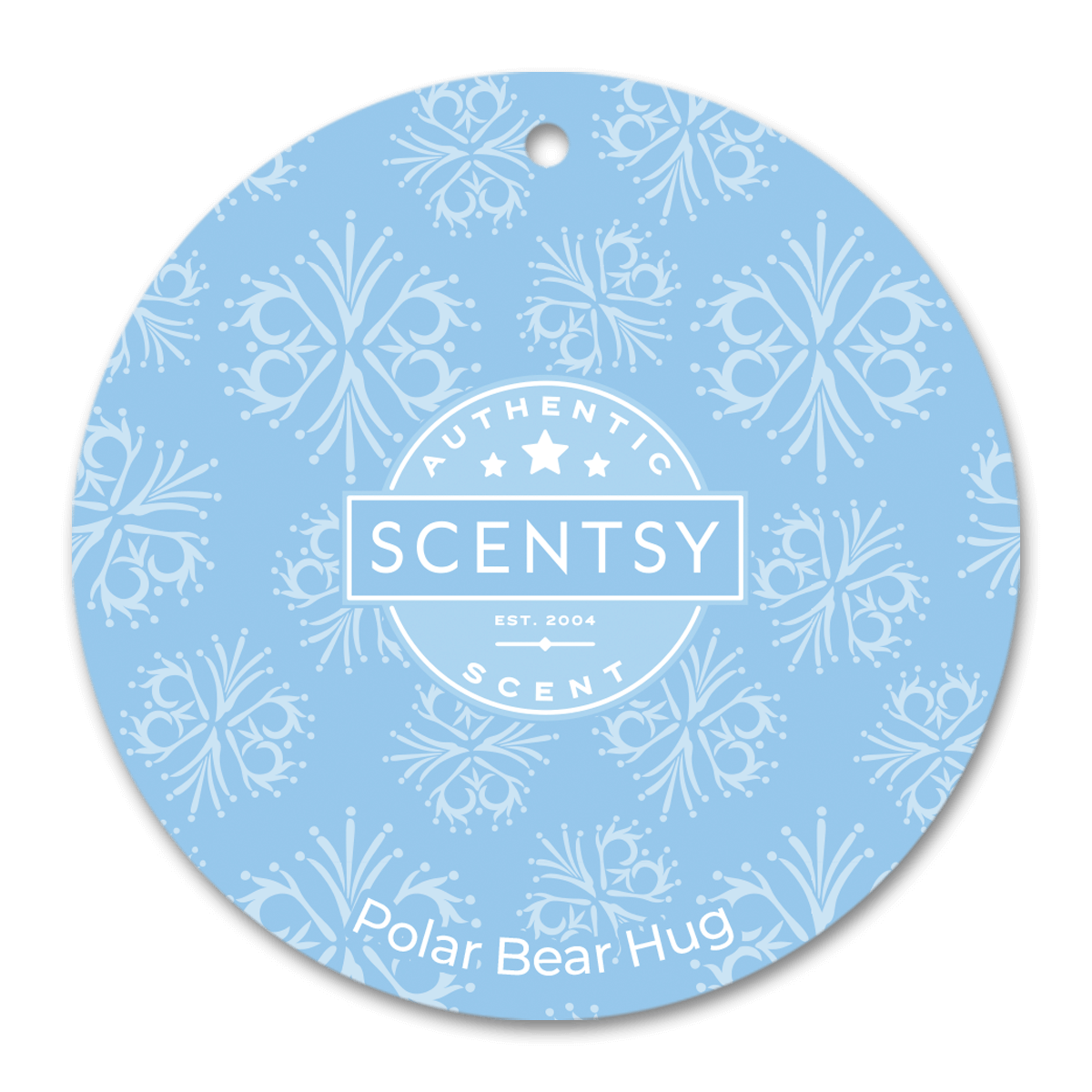 Scentsy Polar Bear Hug scent disc with snowflake pattern on a blue background