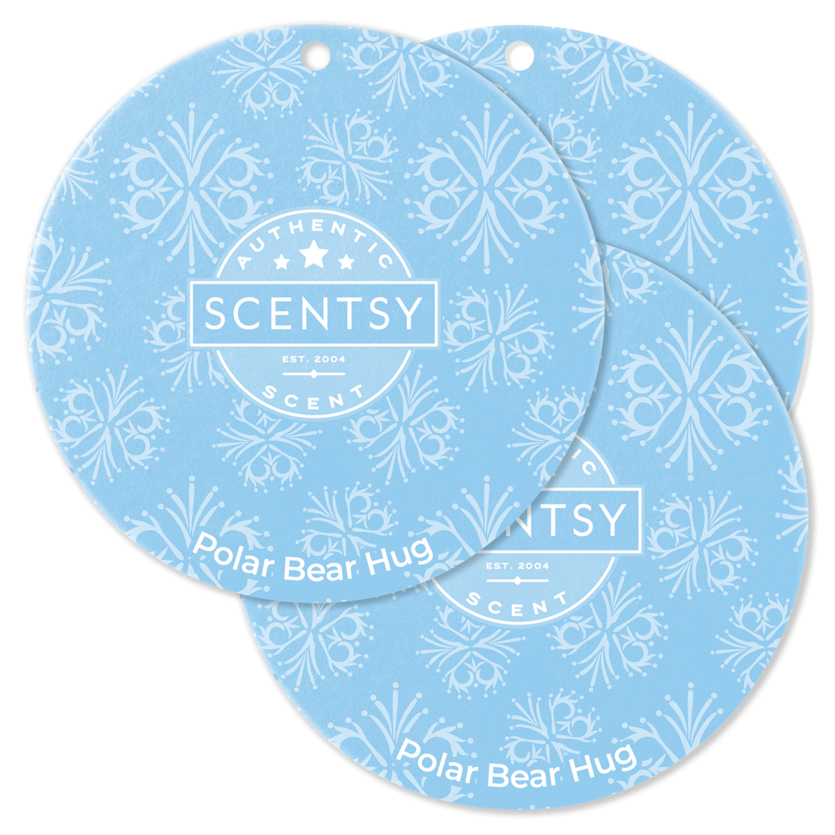 Two Scentsy Polar Bear Hug scented wax discs on a black background