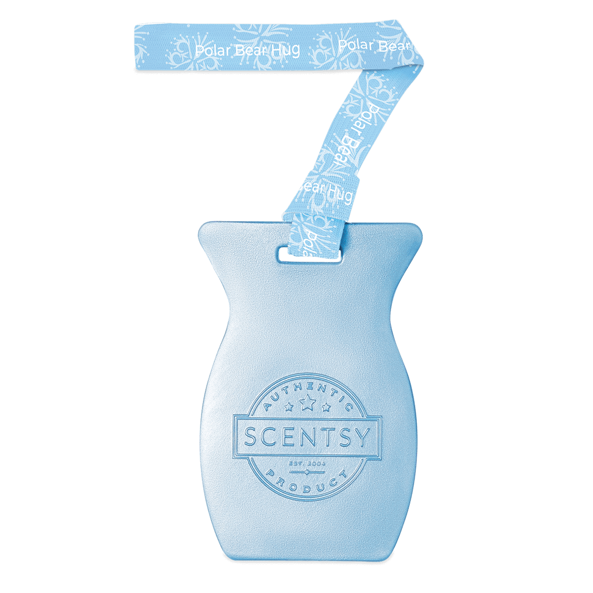 Blue Scentsy product with a decorative ribbon on a black background
