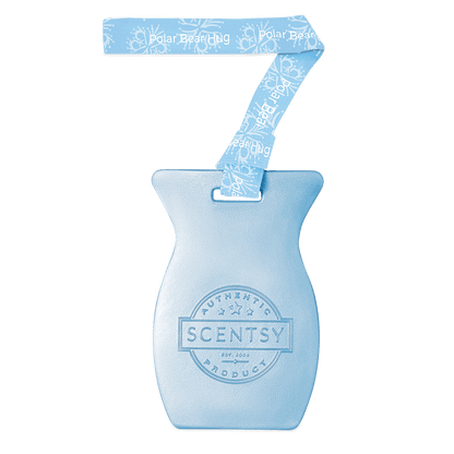 Blue Scentsy product with a decorative ribbon on a black background