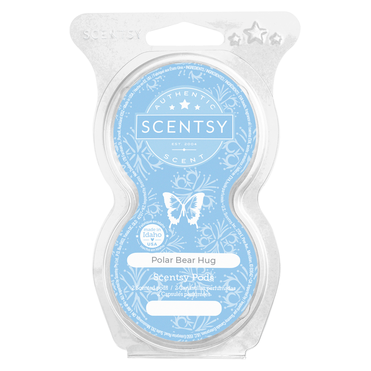 Scentsy wax melt package with blue label and butterfly design on a white background