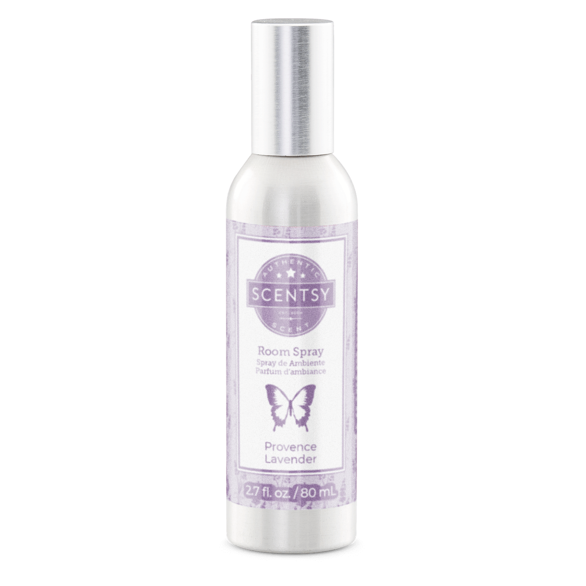 Scentsy room spray bottle with purple label on a white background