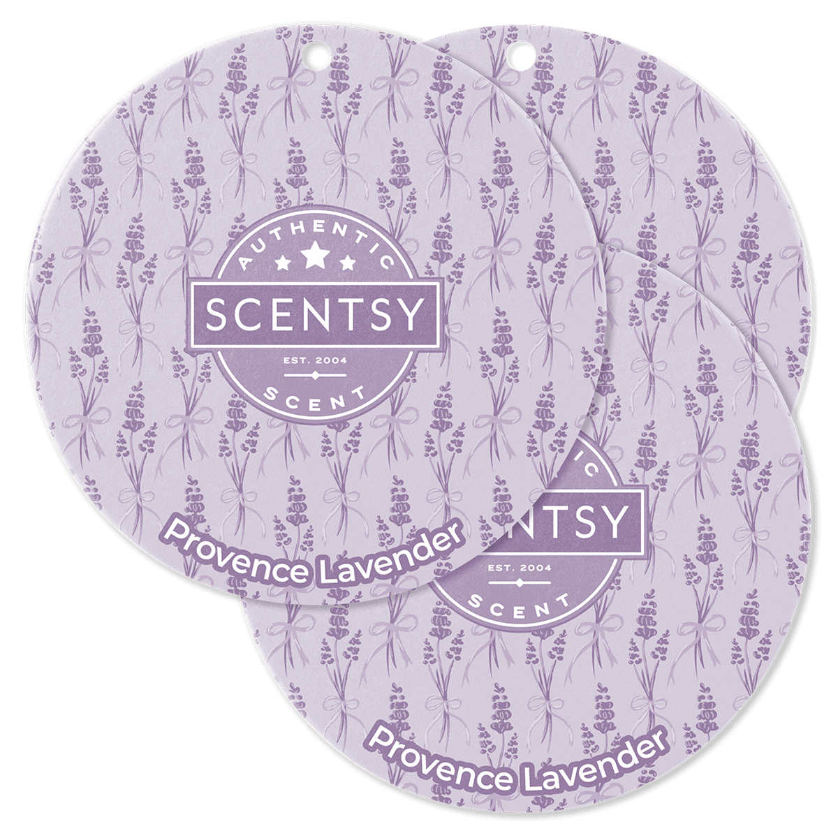 Two Scentsy Provence Lavender scented stickers on a green background