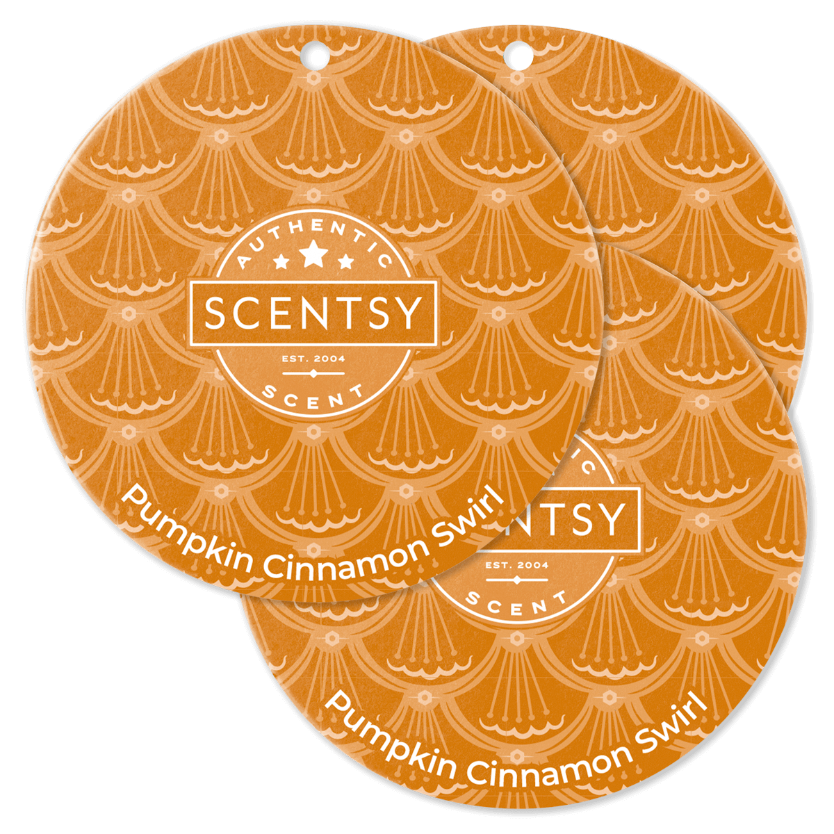 Two Scentsy Pumpkin Cinnamon Swirl scented circles on a black background