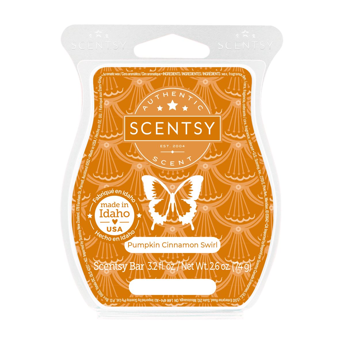 Scentsy bar packaging with orange design and butterfly illustration on a white background