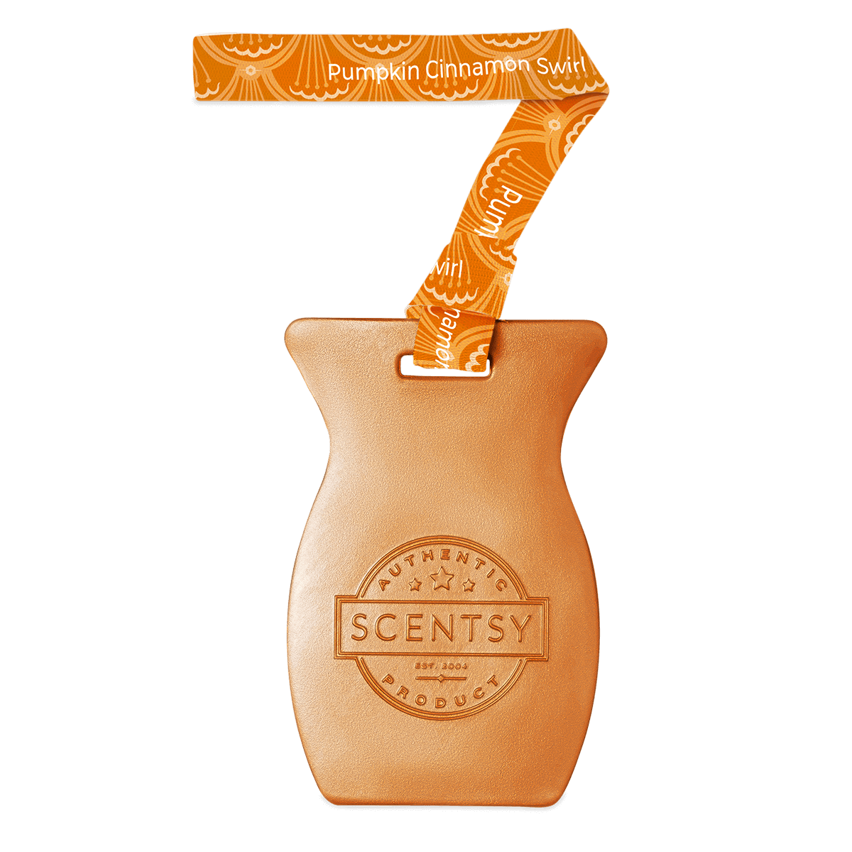 Scentsy product with a pumpkin cinnamon swirl ribbon on a black background