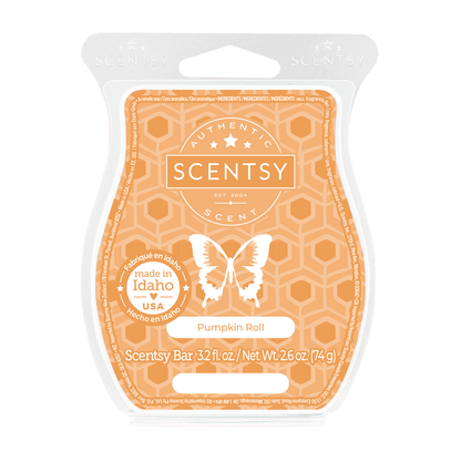 Scentsy Pumpkin Roll bar packaging on a black background