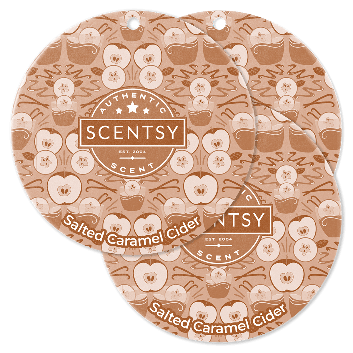 Two Scentsy Salted Caramel Cider scented wax melts on a green background