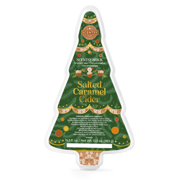 Scentsy brick packaging shaped like a Christmas tree with 'Salted Caramel Cider' flavor on a white background.