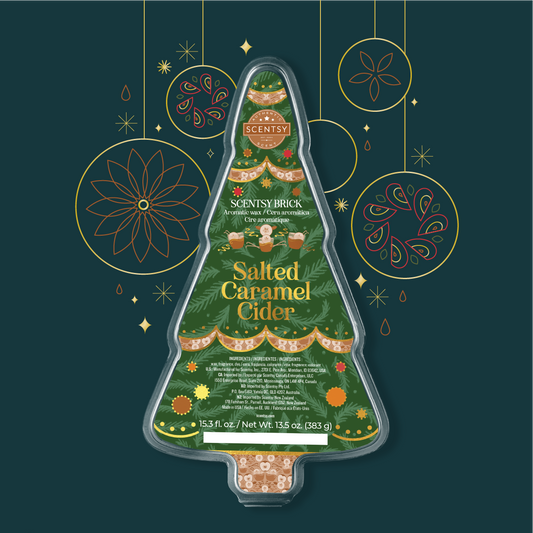 Scentsy Salted Caramel Cider product packaging on a decorative background