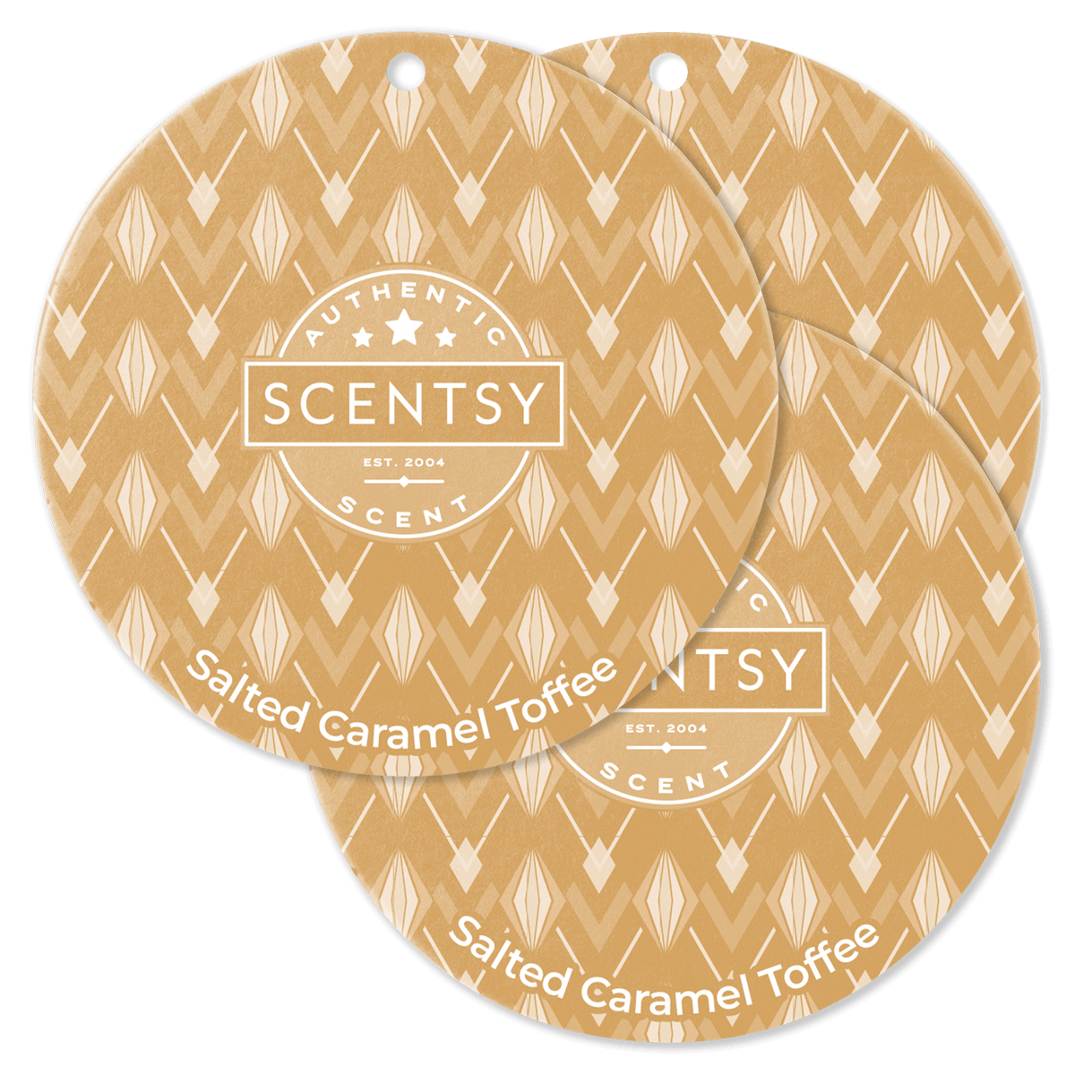 Two Scentsy Salted Caramel Toffee scented wax discs on a black background