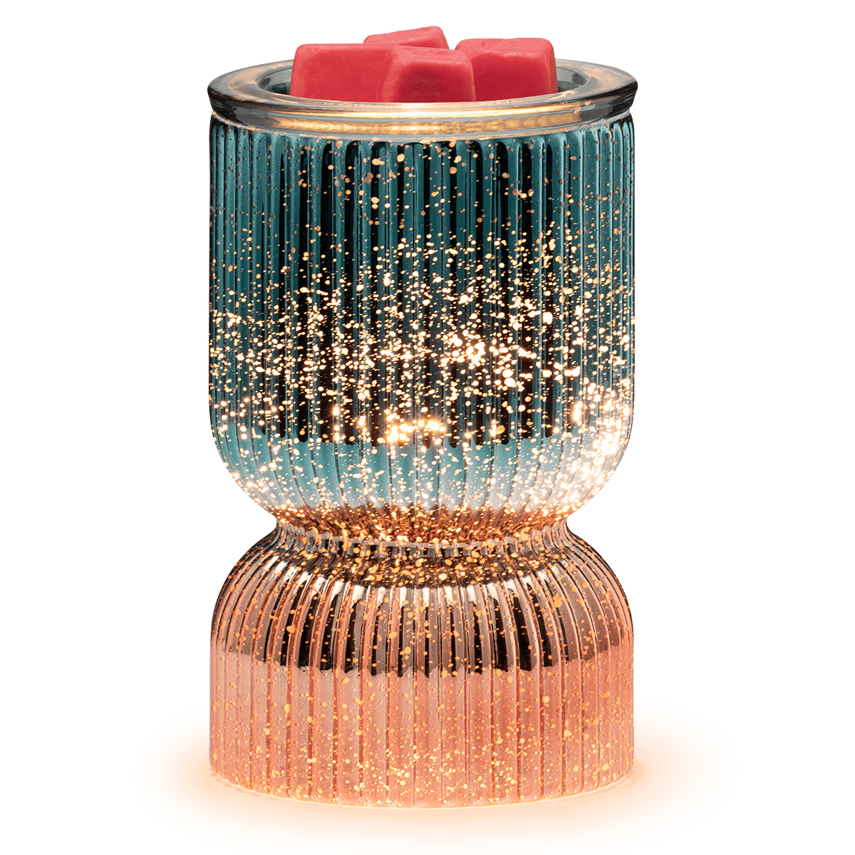 Decorative candle holder with rose gold base and blue glass on a white background