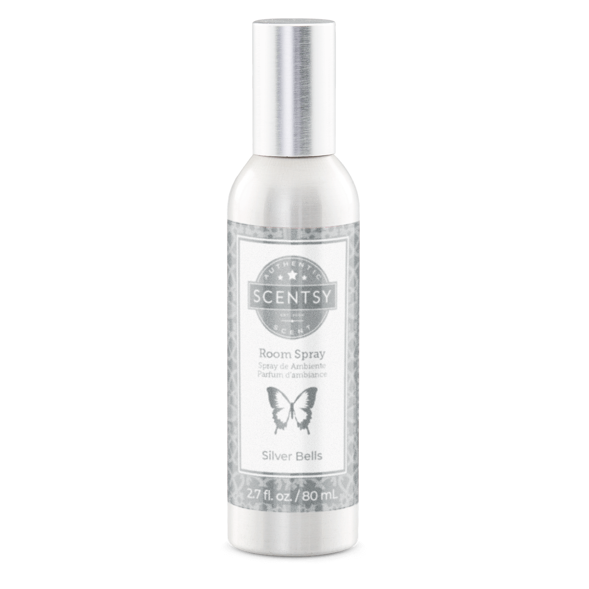 Scentsy room spray bottle labeled 'Silver Bells' on a white background