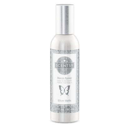Scentsy room spray bottle labeled 'Silver Bells' on a white background