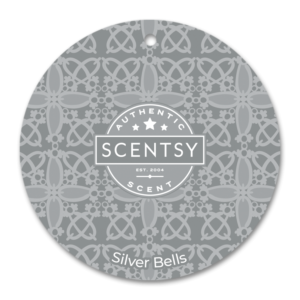 Scentsy Silver Bells scent disc with intricate pattern and brand logo.
