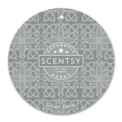 Scentsy Silver Bells scent disc with intricate pattern and brand logo.