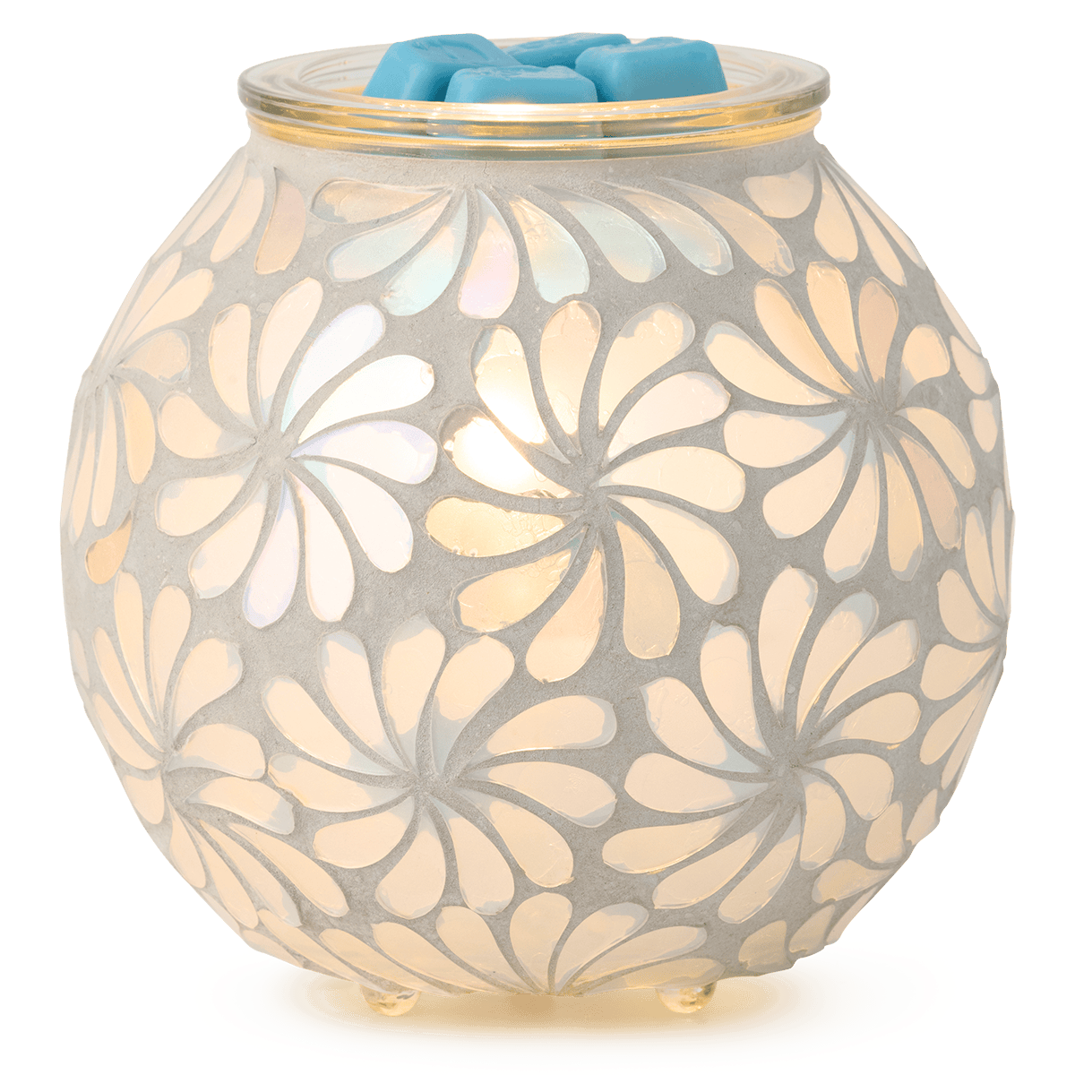 Decorative wax warmer with floral pattern on a white background