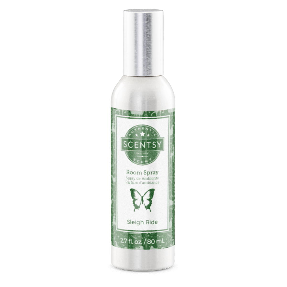 Scentsy room spray bottle with green label on a white background