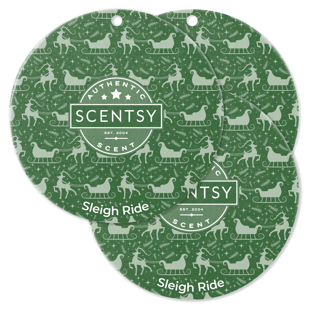 Two green Scentsy Scent Circle packaging with 'Sleigh Ride' design on a black background