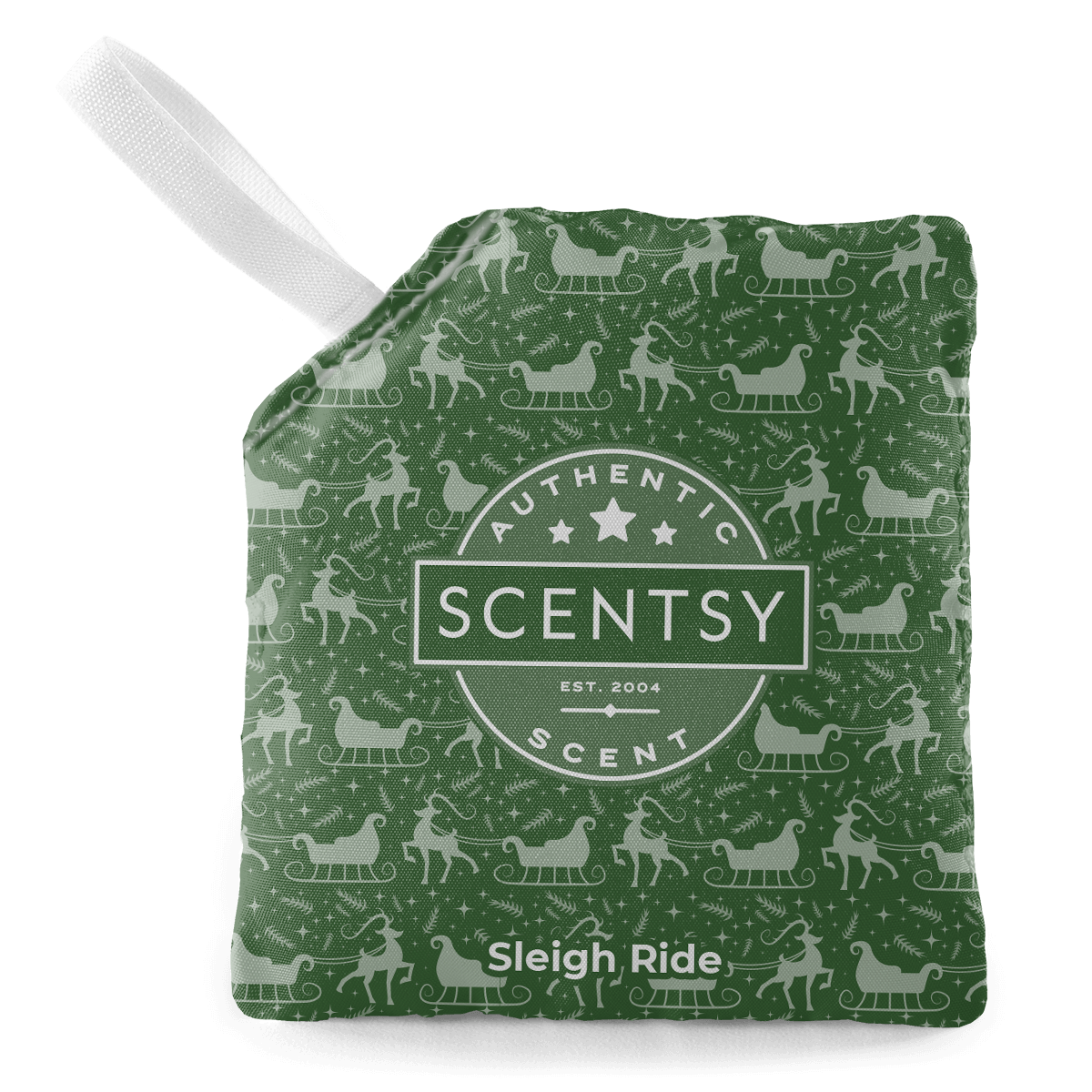 Scentsy Sleigh Ride scent pouch with a white handle on a black background