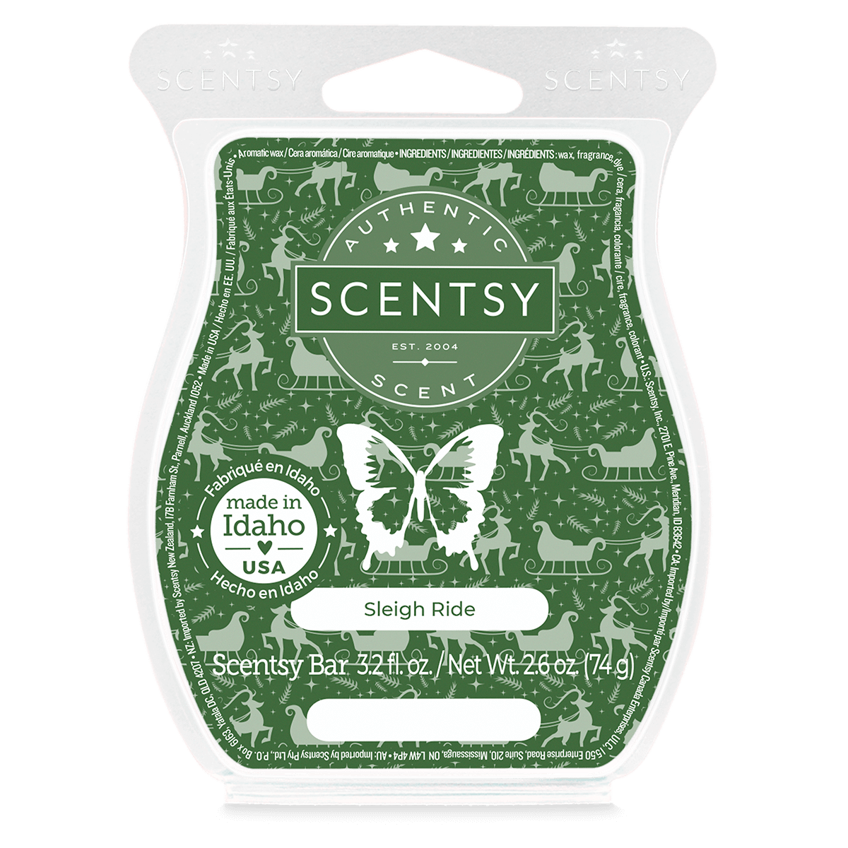 Scentsy bar packaging with green design and butterfly illustration on a white background