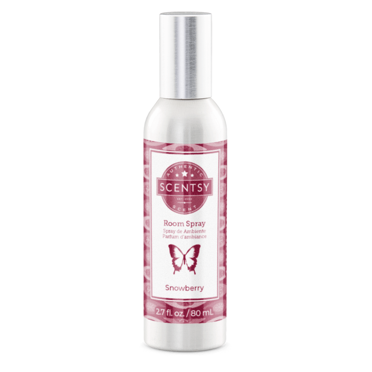 Scentsy room spray bottle with pink label on a white background