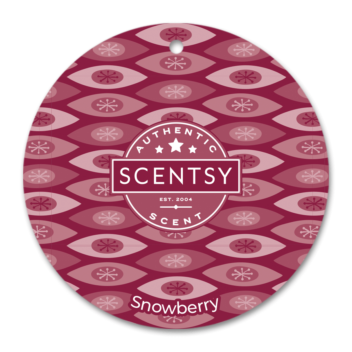 Scentsy Snowberry scent disc with patterned design on a black background