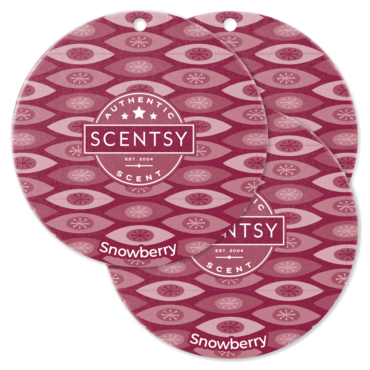 Two Scentsy Snowberry scented wax discs with a patterned design on a black background.
