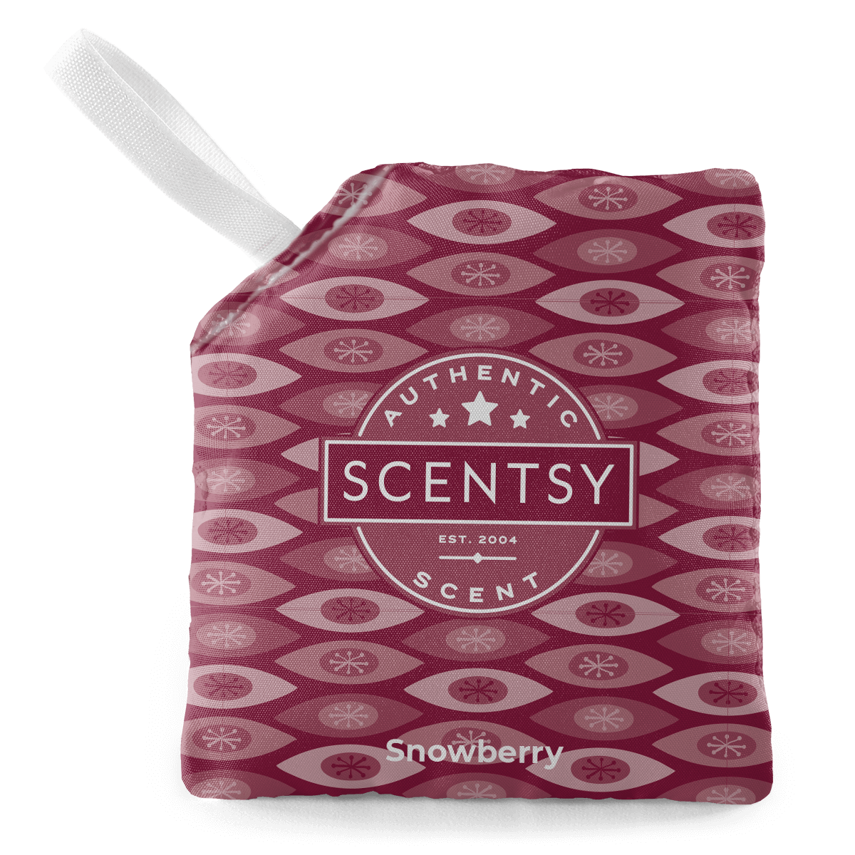 Scentsy Snowberry scent packet with a white handle on a black background