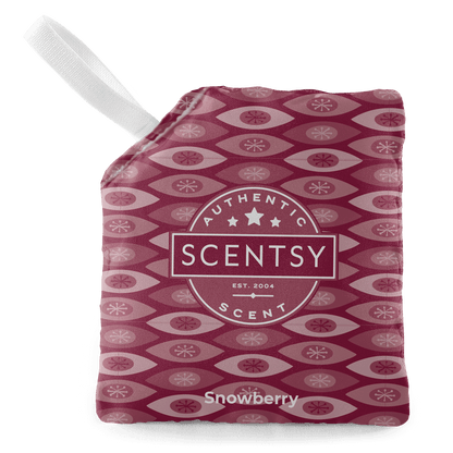 Scentsy Snowberry scent packet with a white handle on a black background