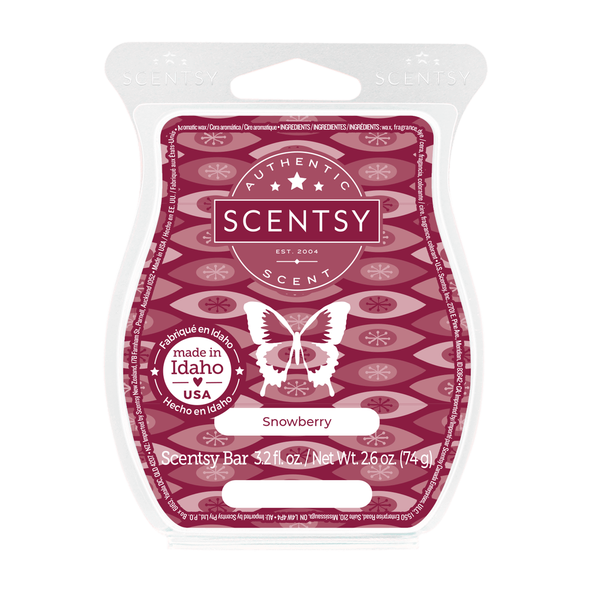 Scentsy Snowberry wax bar packaging with butterfly design on a white background