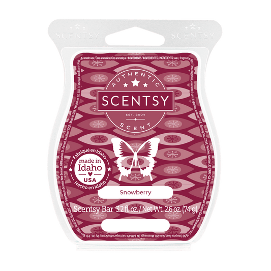 Scentsy Snowberry wax bar packaging with butterfly design on a white background