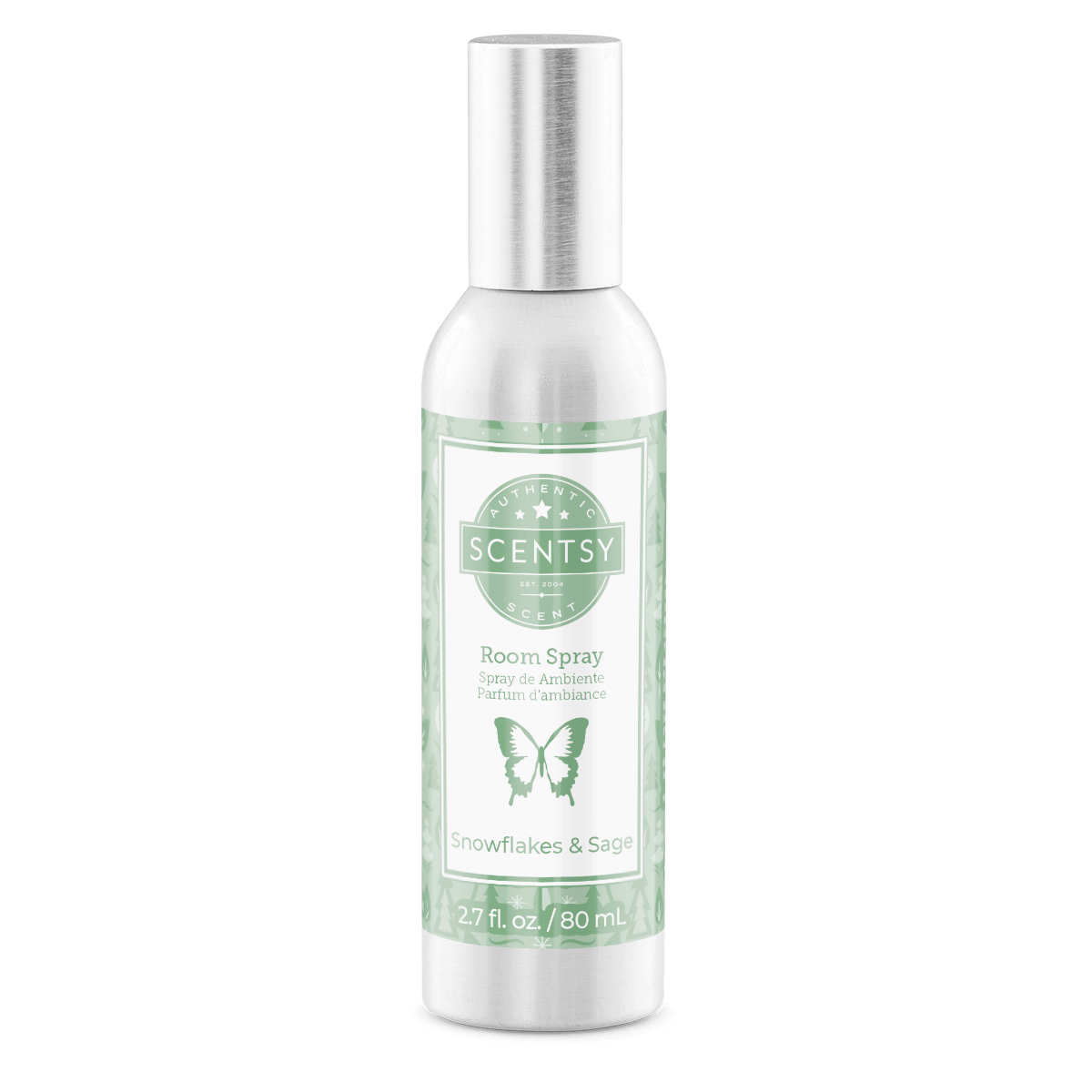 Scentsy room spray bottle with green label on a white background