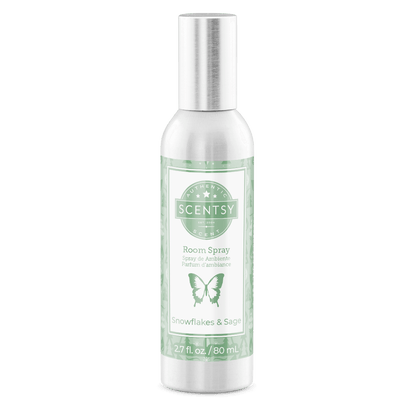 Scentsy room spray bottle with green label on a white background