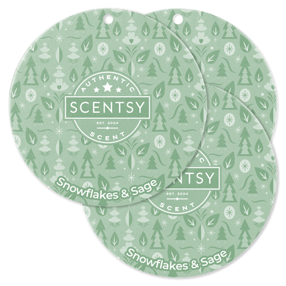 Two Scentsy Snowflakes & Sage scented wax melts on a light green background