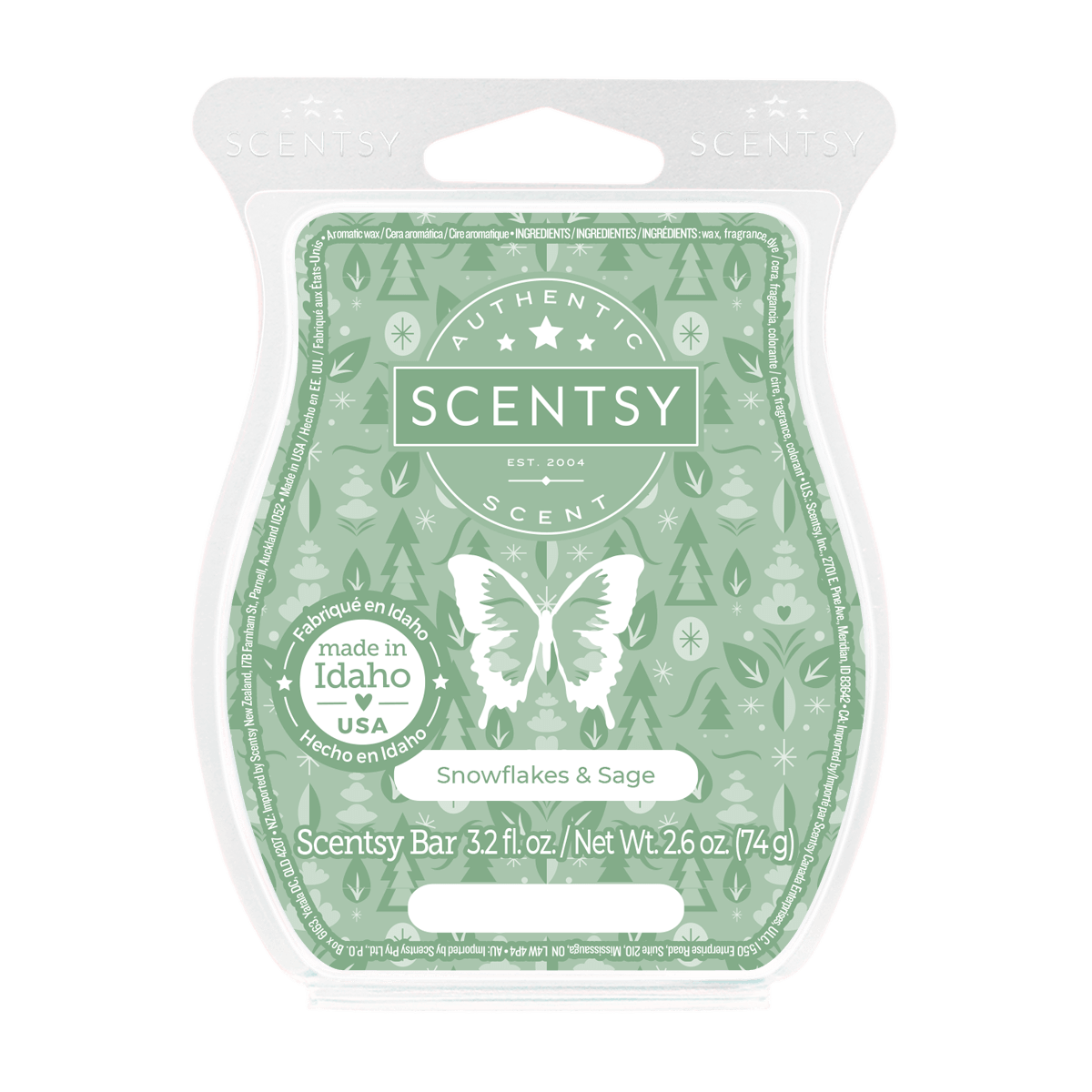 Scentsy bar packaging with green design and butterfly illustration on a black background