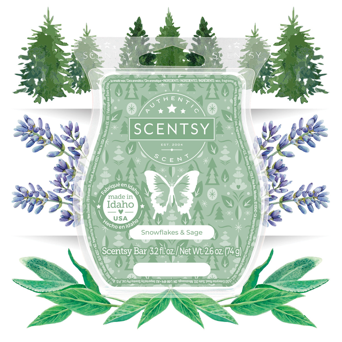 Scentsy bar packaging with nature-themed design elements on a white background