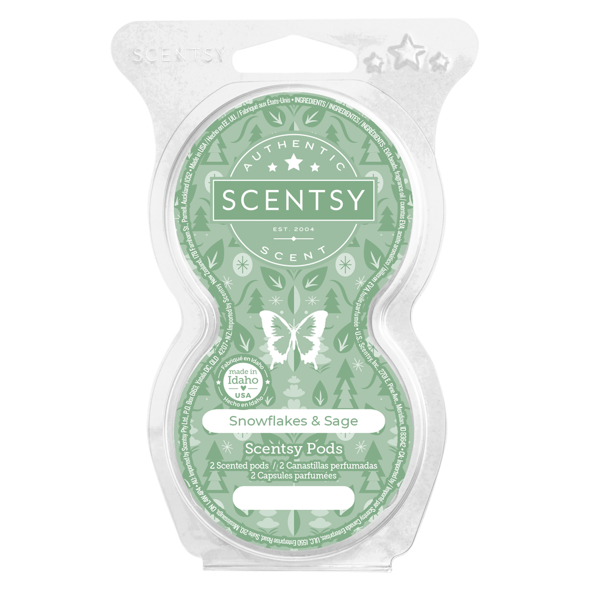 Scentsy Snowflakes & Sage scented pod packaging on a white background